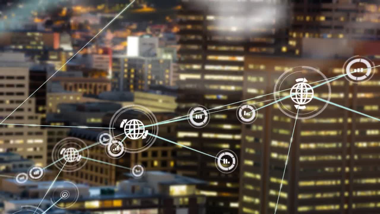 Connectors moving on cityscape background