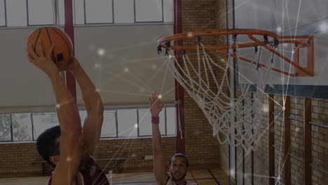 animation of networks of connections over group of diverse basketball players at gym