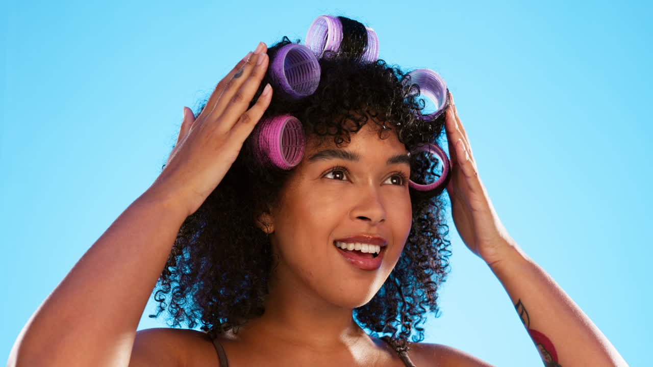 Afro, smile and black woman with roller for hair