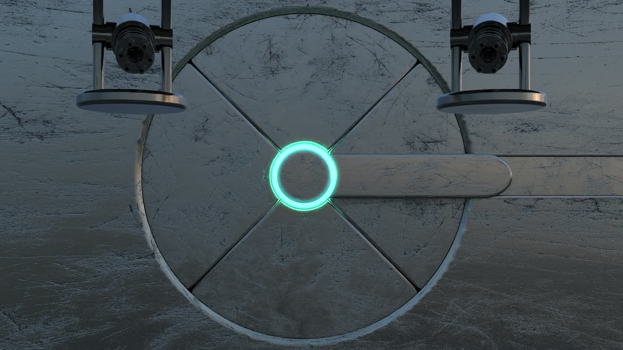 3d animation of closing metallic gateway. Appearing of auto turret (gatling machine gun) and shooting. Cyber security system working process. Futuristic technology abstract with alpha channel.