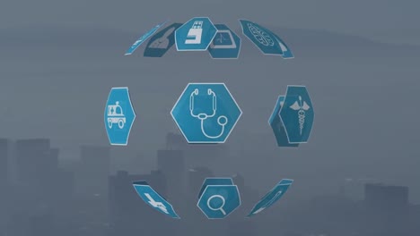 animation of medical icon in hexagons forming globe over fog covered modern city