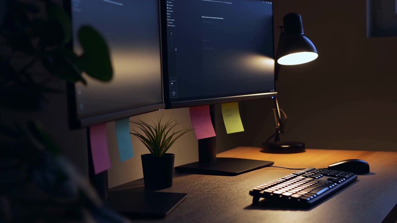 Natarbejdsstation med dobbelte skærme, glødende lampe oplyser tastatur og mus, farverige sticky notes