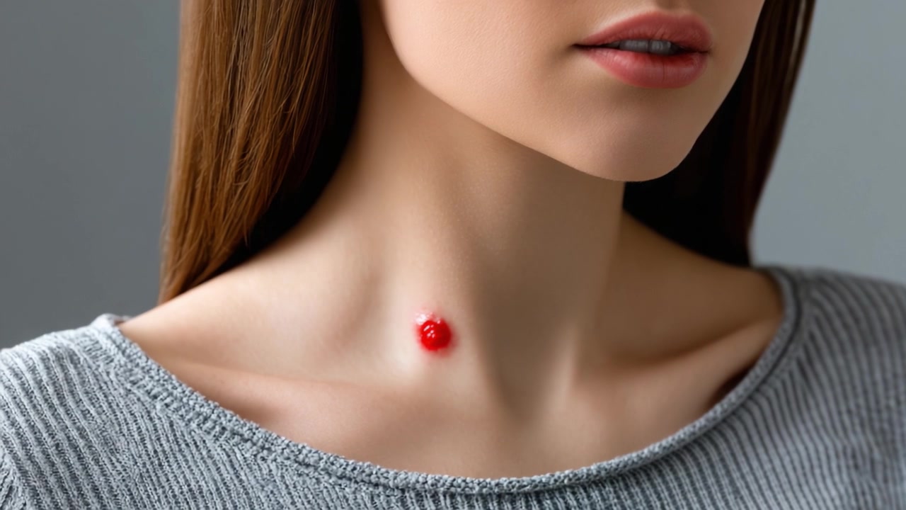 Primo piano del collo di una donna con un segno rosso vivido, che evidenzia la texture e i dettagli della pelle mentre lei posa con grazia e interagisce con l'imperfezione