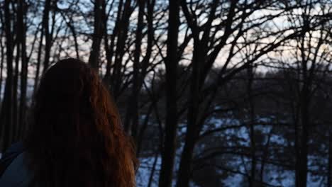 young girl with beautiful red hair illuminated by sunset's light while watching at the landscape