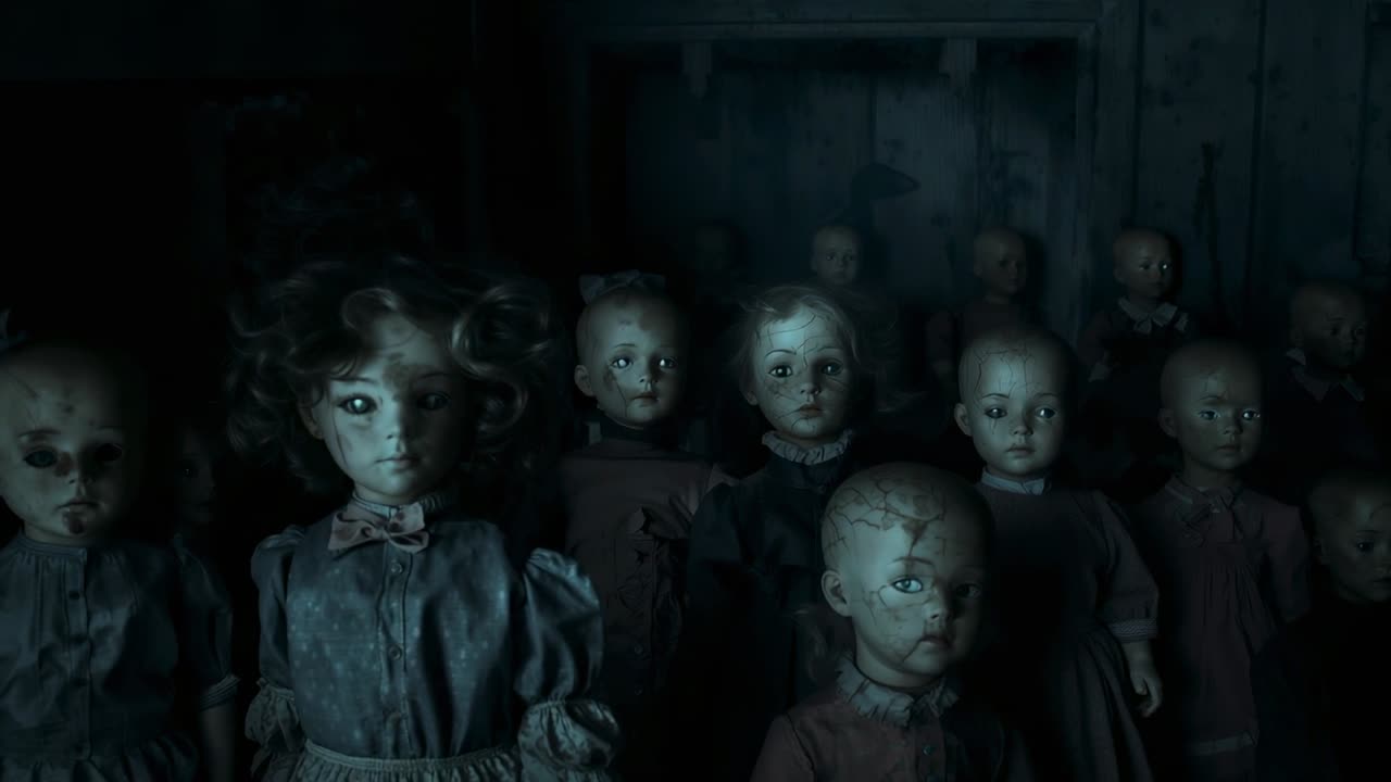 Spotlight beam sweeping across porcelain dolls on wooden shelf after activation, revealing cracks