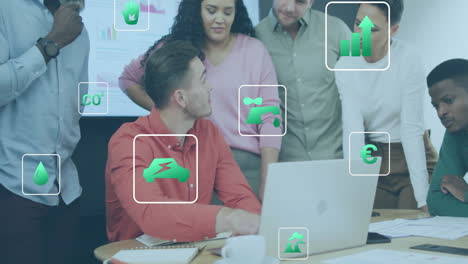 animation of eco icons and data processing over diverse business people in office