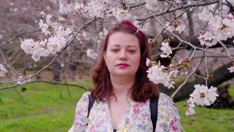 european woman under the cherry blossom trees in full bloom at kyoto botanical garden in japan