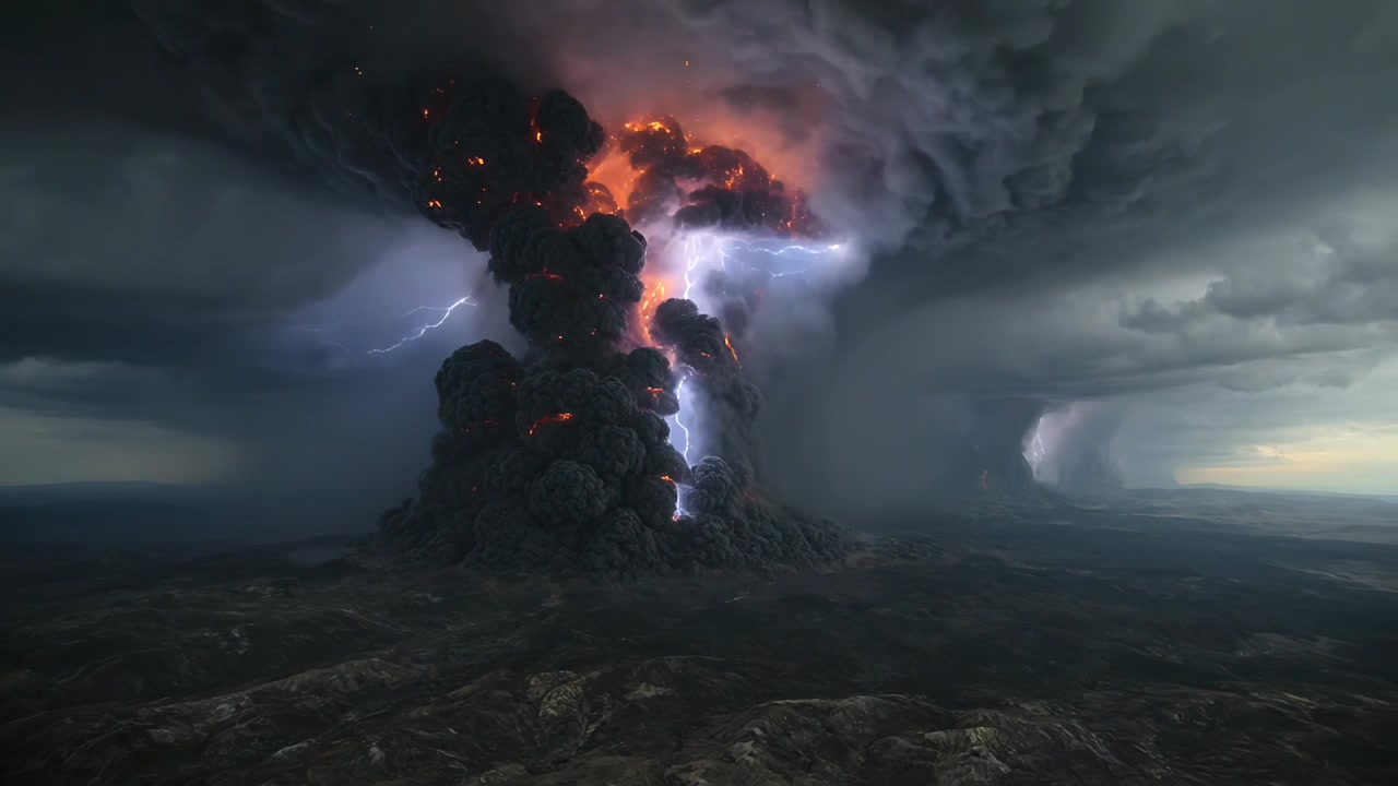 Sfiato eruttivo che emette un'alta colonna di cenere su una pianura rocciosa, alimentato da un'ondata di magma e fulmini.
