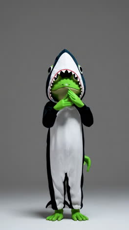 a frog character wearing a shark costume