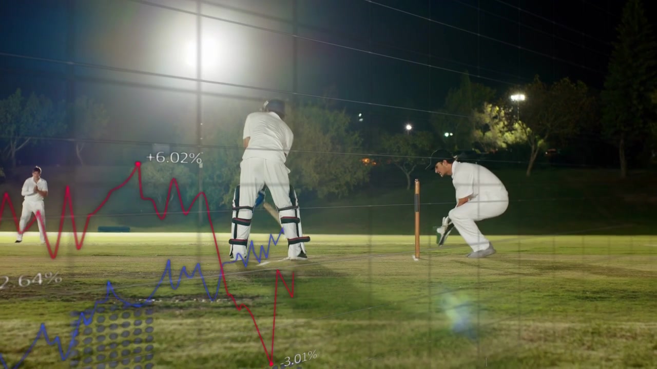 Battitore che esegue un colpo sulla palla del lanciatore, ricevitore accovacciato, dati di cricket che mostrano la percentuale di prestazione del colpo.