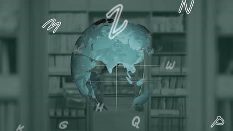 Digital-composition-of-alphabets-floating-over-spinning-globe-against-school-library