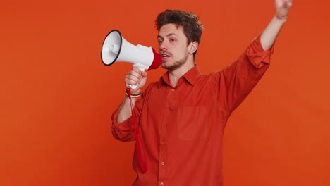 caucasian man talking with megaphone proclaiming news loudly announcing advertisement discounts sale