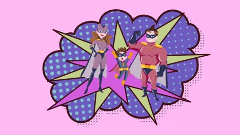 Animation-of-illustration-of-happy-superhero-parents-and-son-over-cartoon-explosion-on-pink