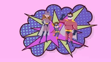 animación de la ilustración de padres y hijo de superhéroes felices sobre la explosión de dibujos animados en rosa