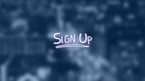 animation of sign up text with lines over out of focus cityscape