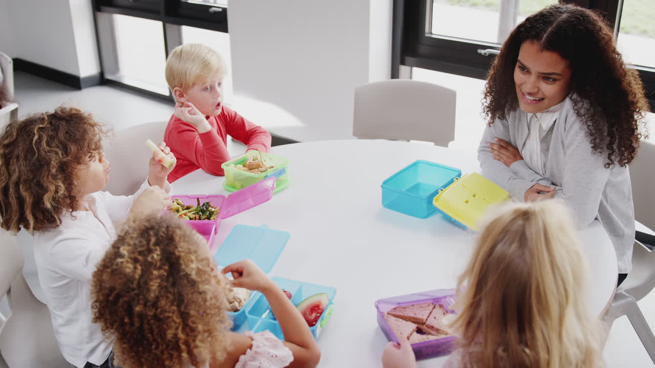 Elevated view of female infant school teacher sitting at a table with pupils eating packed lunches