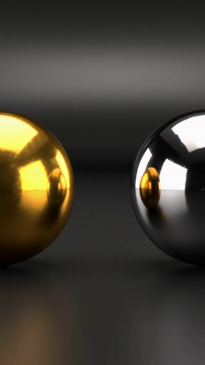 Panning camera closer right, showcasing left gold sphere growing, chrome sphere mirroring on table