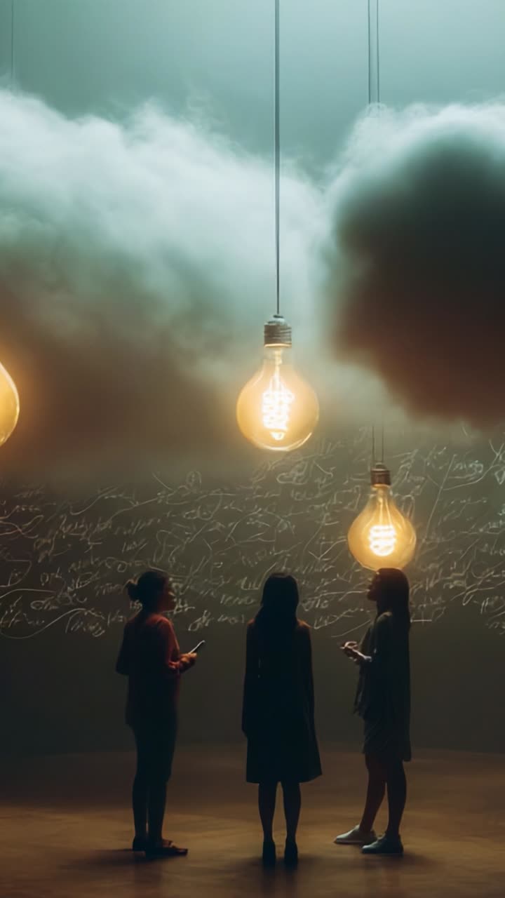 Three individuals stand under glowing light bulbs surrounded by ethereal clouds and mysterious writings, creating a surreal and thought-provoking atmosphere