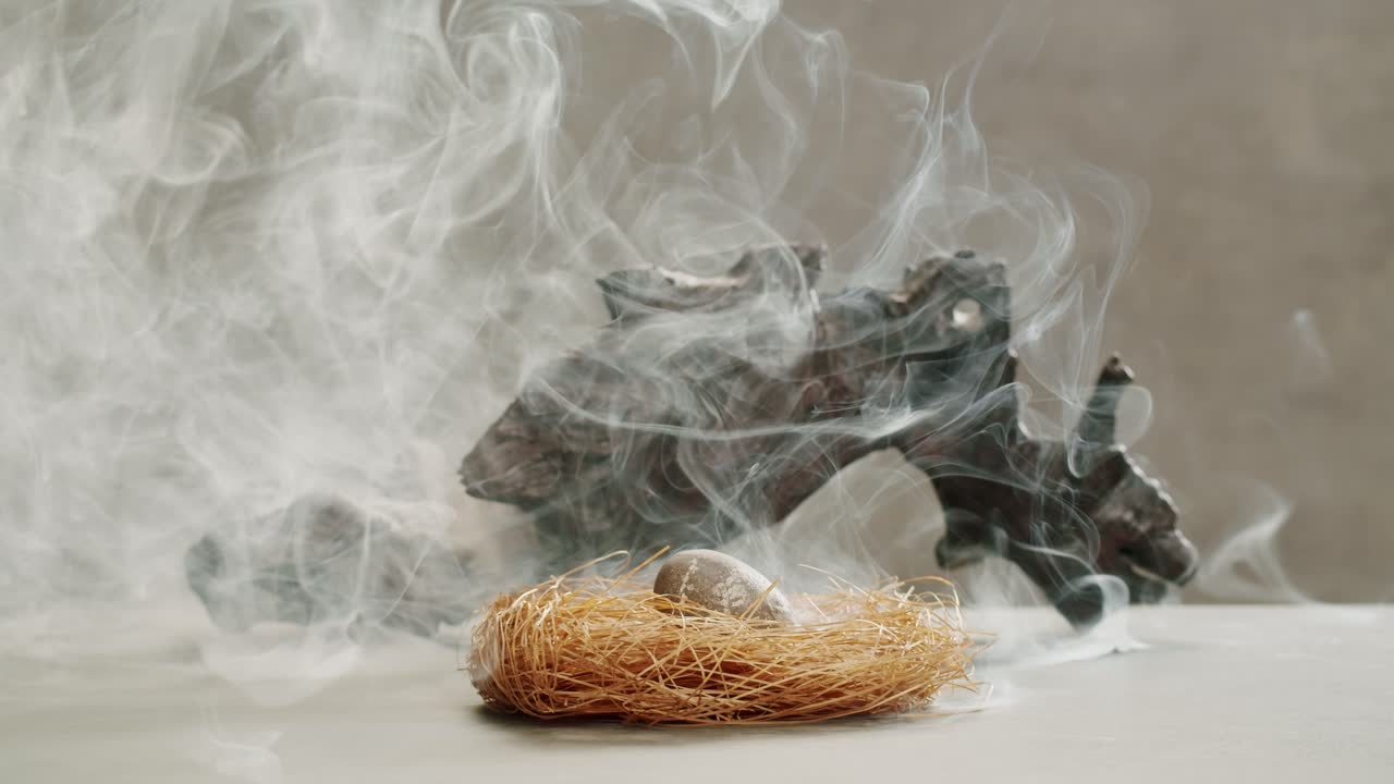 Person holding Palo Santo wood stick in hand, aromatic Palo Santo burning on black background, smoke spreading around, slow motion video clip, high quality 4k close up footage. High quality 4k footage