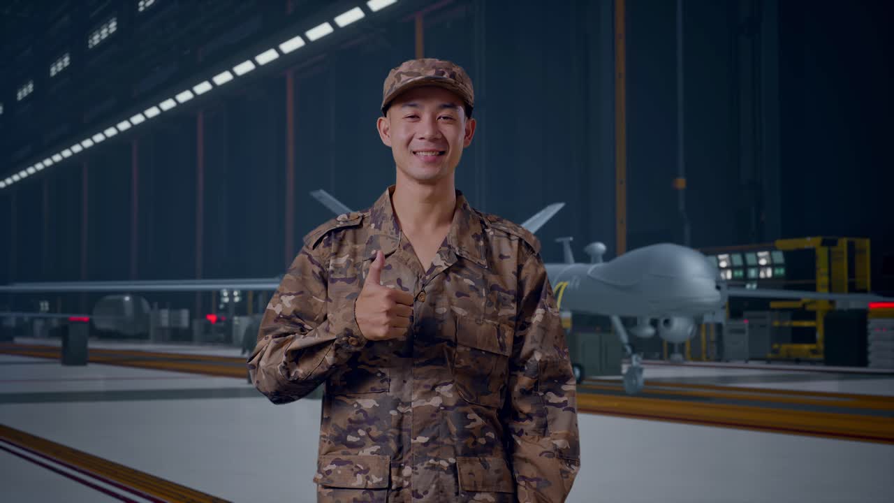 Asijský voják se usmívá a ukazuje gesto palce nahoru, zatímco stojí s moderním vojenským dronem v hangáru údržby.