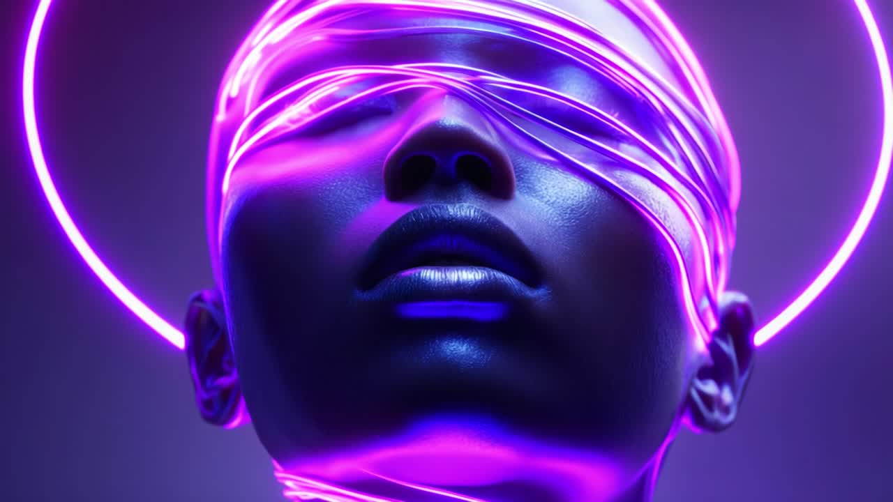 A striking visual representation of the merging of human form and modern aesthetics, showcasing a unique figure enveloped in luminescent materials, presenting themes of light, beauty, and futuristic design