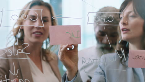 business people using sticky notes brainstorming team leader woman working with colleagues writing on glass whiteboard showing problem solving strategy in office meeting