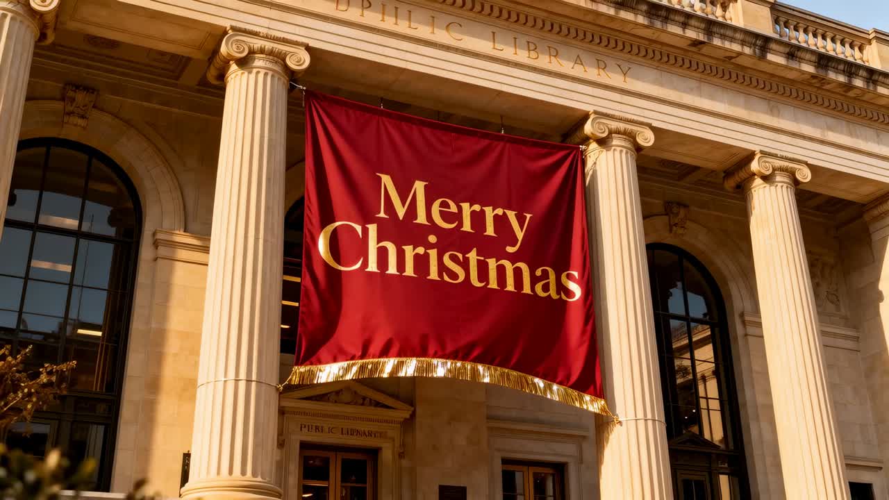 Swaying large red banner in light breeze as camera approaching at library showing Merry Christmas