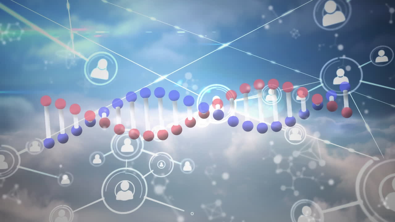 연결 네트워크와 함께 dna 가닥이 회전하는 애니메이션
