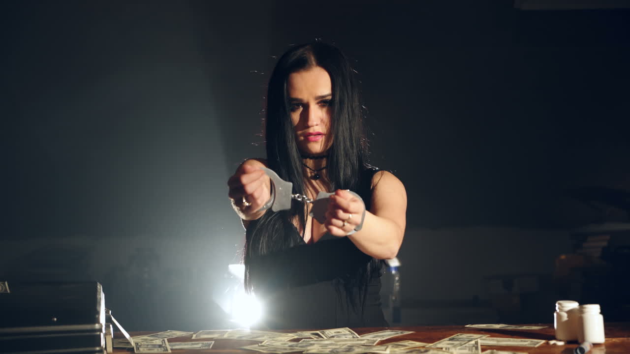 Beautiful brunette woman in handcuffs trying to free herself. Prisoner or arrested terrorist