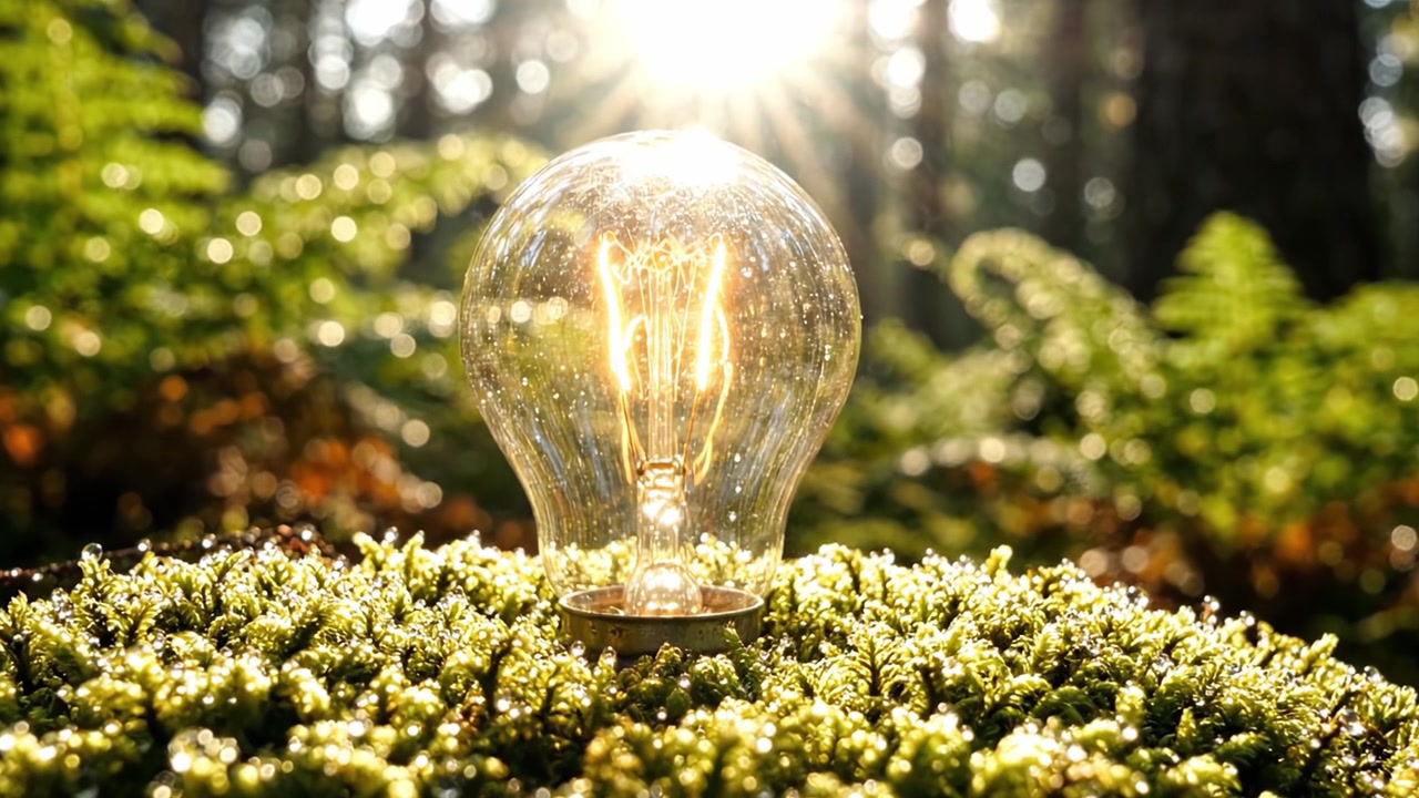 Illuminare la natura: Una lampadina luminosa catturata in un ambiente forestale, mostrando l'armonia tra tecnologia e mondo naturale.