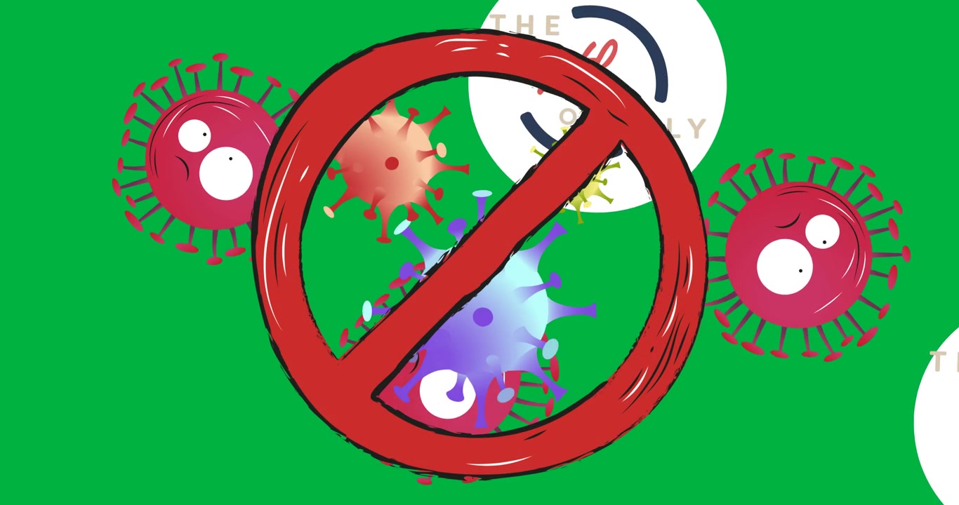 Stop sign over covid-19 cells and 4th of july text on white circular banner on black background