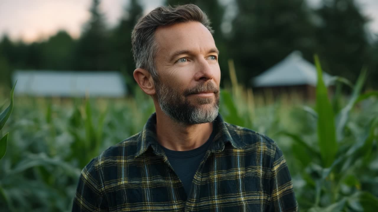 Contemplative Man in a Flannel Shirt Amidst Lush Green Cornfield, Reflecting on Nature's Beauty and Embracing the Serenity of Rural Life