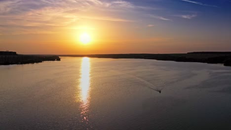 Aerial sunset view of river. Sunset over the river in the countryside