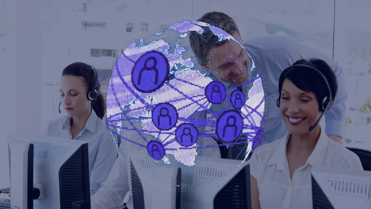 Call agents typing, purple globe overlay emerging rotating over screens, lead leaning in aiding rep