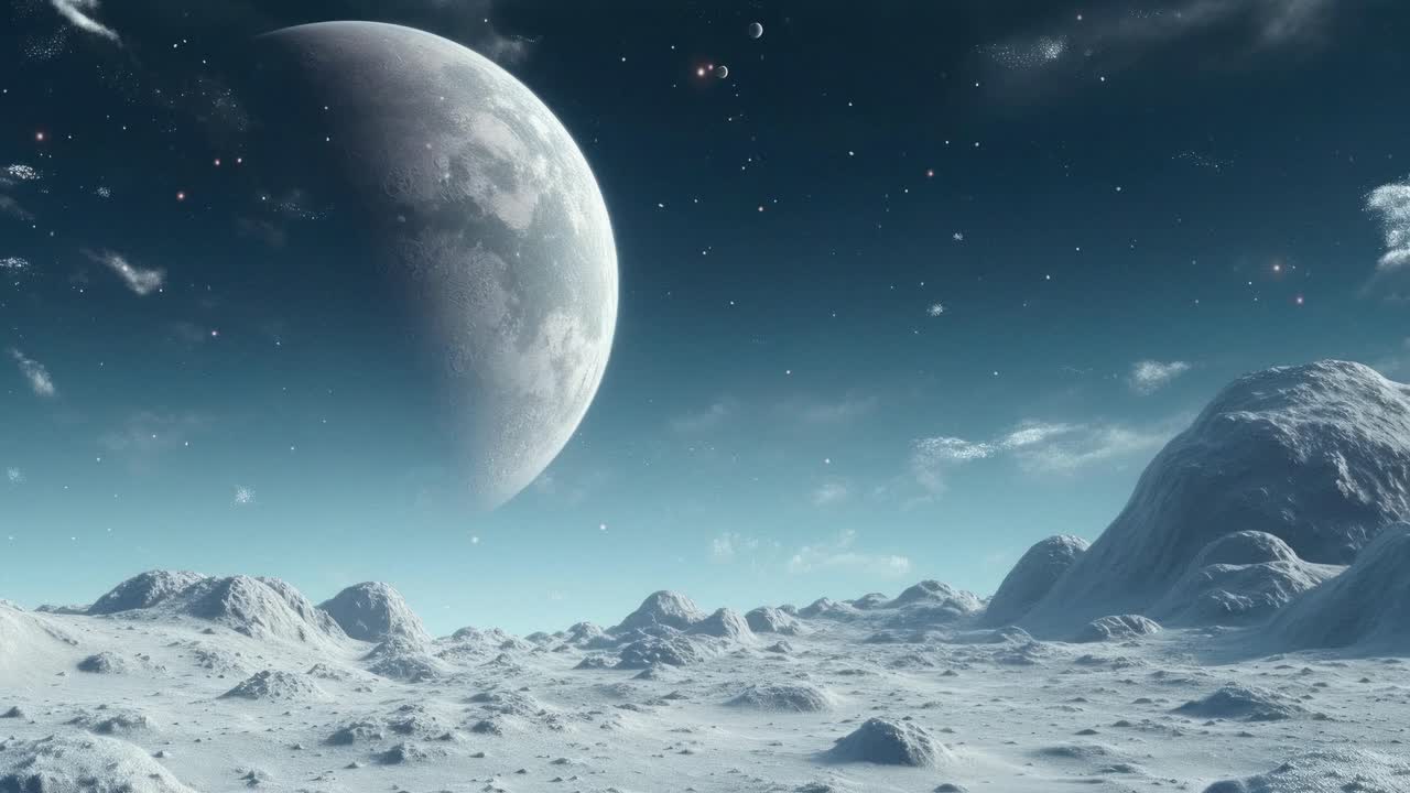 A cinematic wide-angle shot of a desolate, icy alien landscape under a starry sky, with a large