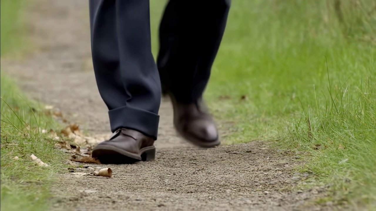 Vista a livello del suolo di un adulto a metà passo su un sentiero di terra battuta, che mostra scarpe di pelle marrone scuro lucide e pantaloni scuri. L'inquadratura cattura la sfocatura del movimento su.