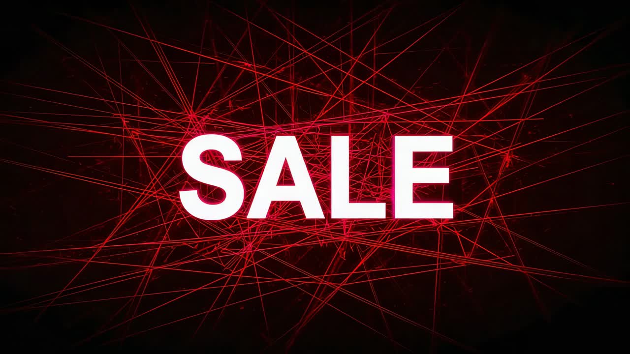 Animating bold white SALE text centered in black as red lines appear and intensify, promoting