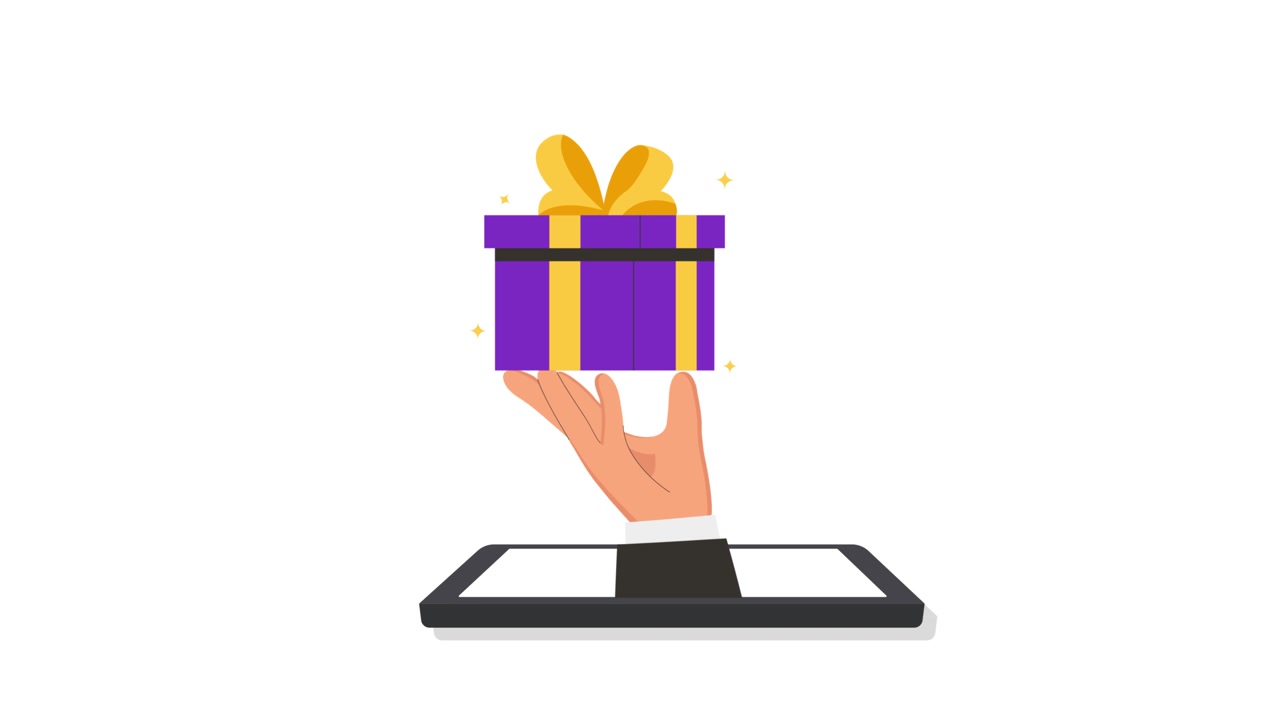 Aus Smartphone ragende Hand hält Geschenkbox