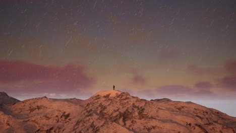 una persona de pie en la cima de una montaña cubierta de nieve con una puesta de sol en el fondo. vista aérea de paisaje nevado frío, 4k irreal una captura de pantalla