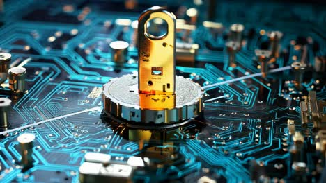 a detailed view of a key situated on a circuit board at night