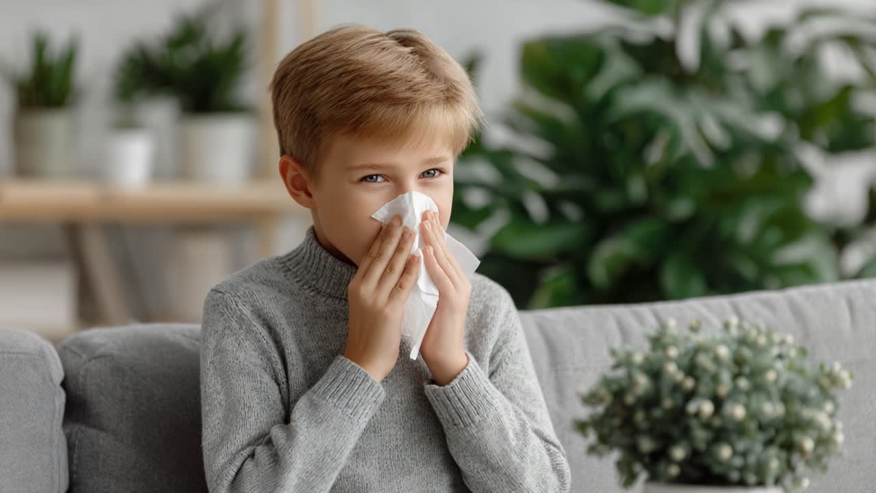 A Young Boy Experiencing Discomfort in a Cozy Environment, Holding a Tissue, Illustrating Moments of Sickness and Emotional Vulnerability