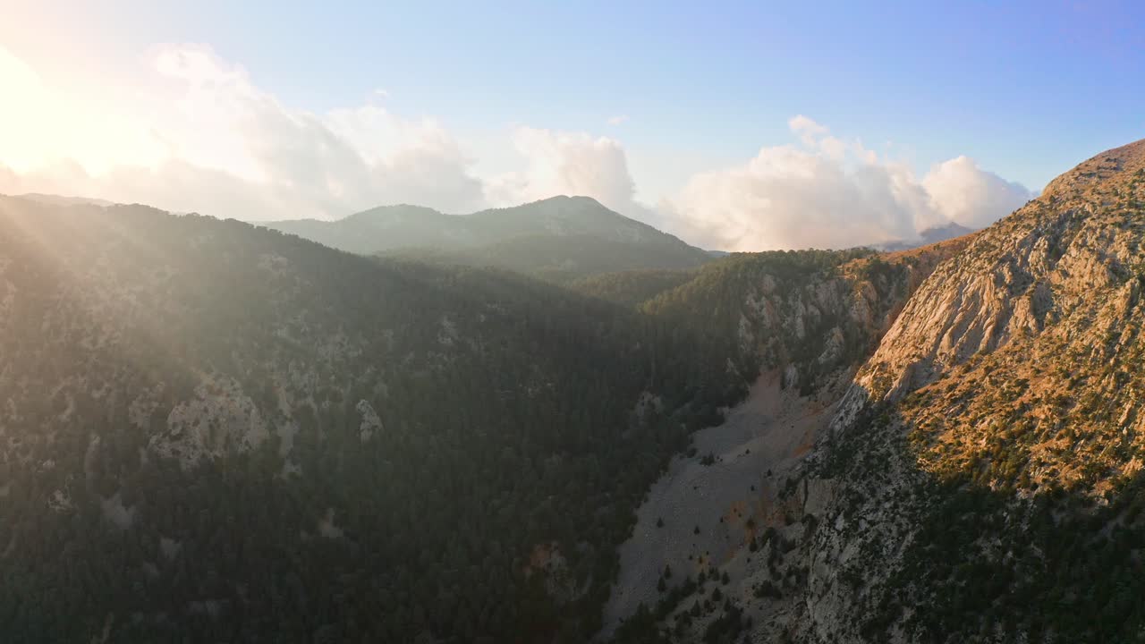 Aerial Footage Of Sunset Light Revealing Above Mountain Range, Kemer, Turkey