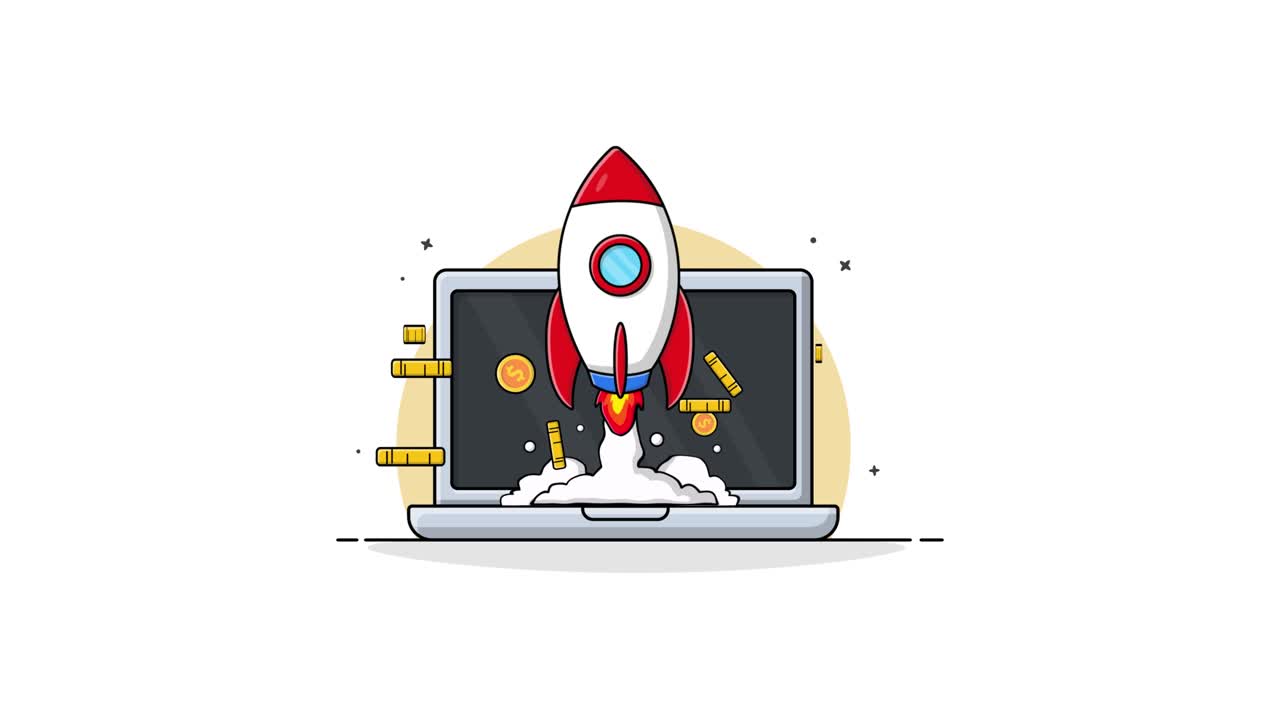 Animated Rocket Launching from Laptop Screen with Flying Gold Coins