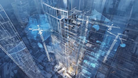 futuristic city construction with holographic blueprints and wireframe buildings