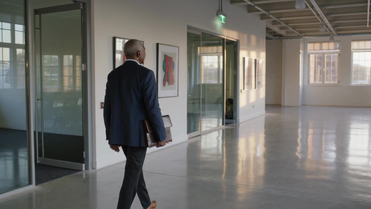 Homem de blazer azul-marinho caminhando, carregando um laptop, entrando no corredor esquerdo do escritório em direção à saída, com espaço para texto