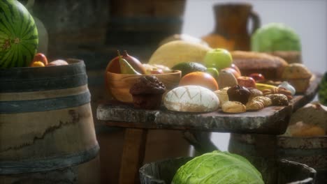 mesa de comida con barriles de vino y algunas frutas, verduras y pan