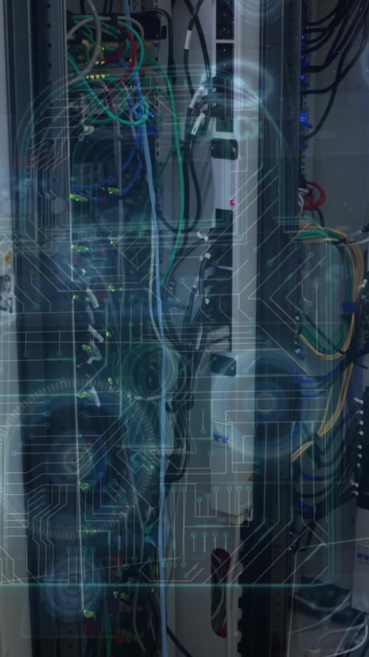 Security padlock icon and round scanners against caucasian female engineer working in server room