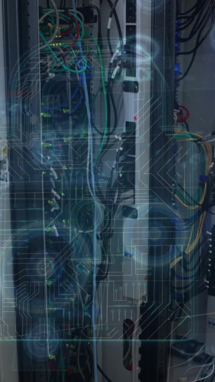 Security padlock icon and round scanners against caucasian female engineer working in server room