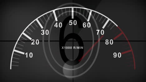 tachometer animation displaying rpm levels from 0 to 90 over dark background