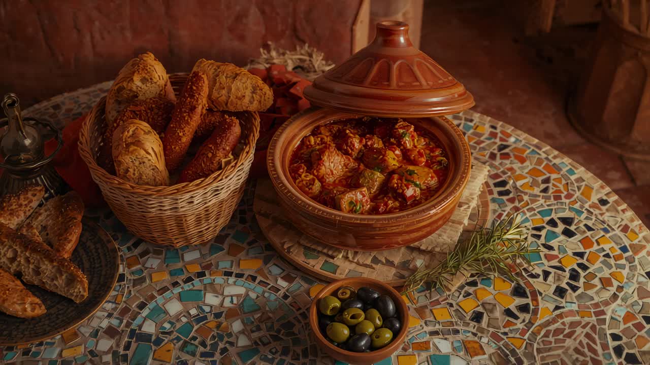 Sliding tagine lid revealing meat stew on mosaic table in clay kitchen, basket and olives